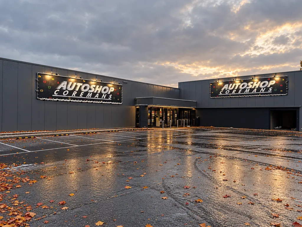 De gevel van Autoshop Coremans in Aarschot bij zonsondergang, met herfstbladeren op de natte parking